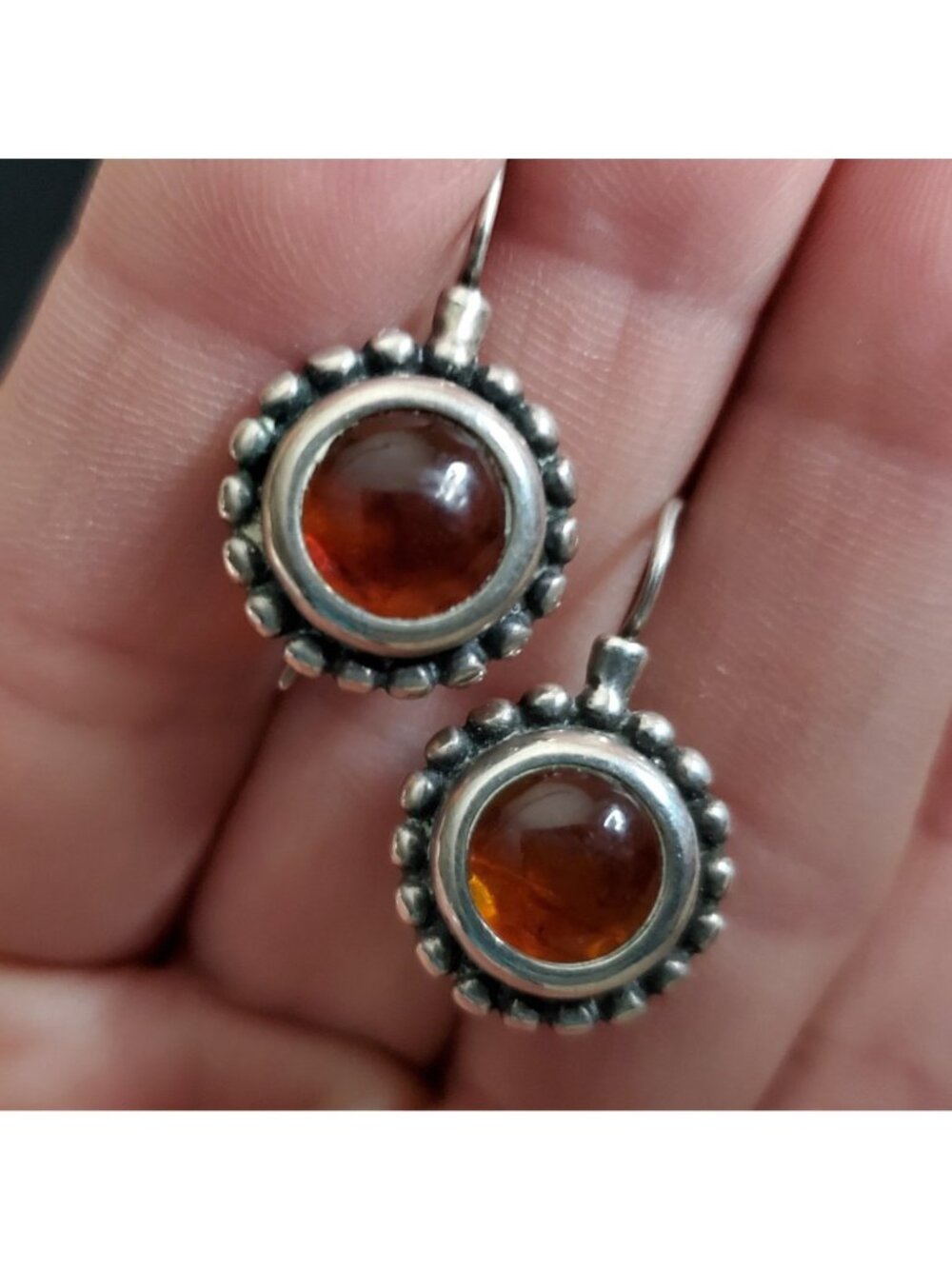 Vintage Sterling Silver Amber Earrings Drop Signed .5"